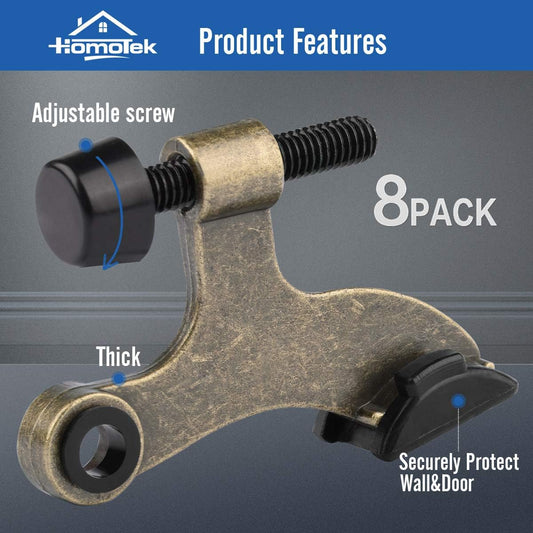 HOMOTEK 8 Pack Hinge Pin Antique Brass Door Stopper,Adjustable Deluxe Heavy Duty Door Stopper 2-1/2"x1-3/4”,with Black Rubber Bumper Tips