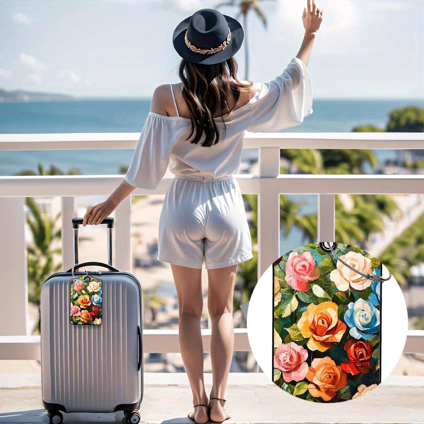 Luggage Tags for Suitcases, 2-Pack PU Leather for Cruise & Travel, Baggage ID Tags with Privacy Cover & Address Card, Durable Metal Ring, Kids Adults Travel Accessories, Painterly Roses