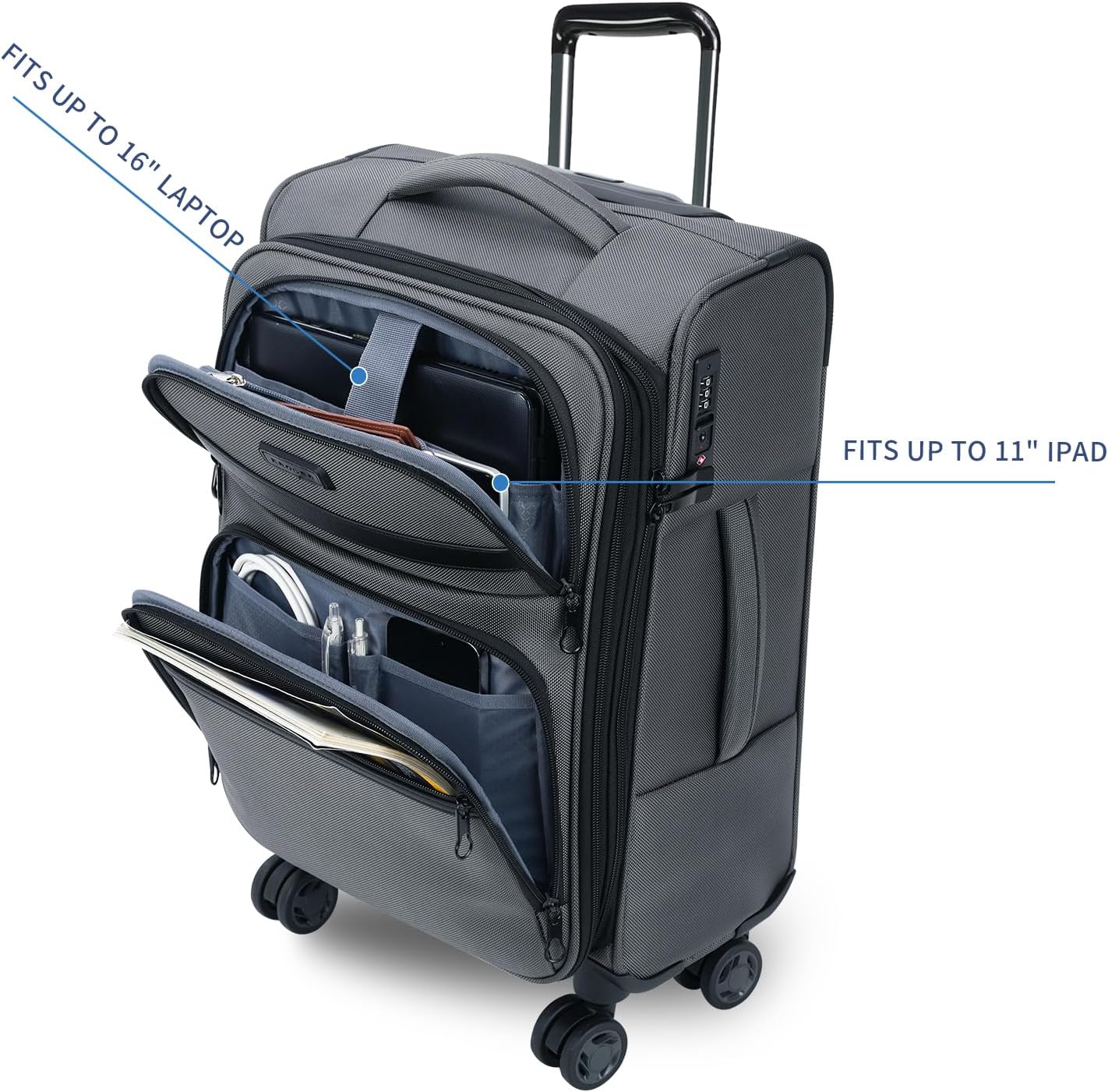 KROSER Softside Expandable Carry On Luggage with Spinner Wheels & Built-in TSA Lock, Durable Suitcase Rolling Luggage with USB Port, Carry-On 20-Inch, Grey