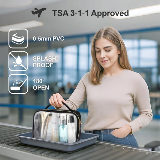 PACKISM Clear Makeup Bag - TSA Approved Toiletry Bag with Handle Large Opening, Clear Toiletry Bags for Traveling Travel Essentials, Travel Bags for Toiletries, Black