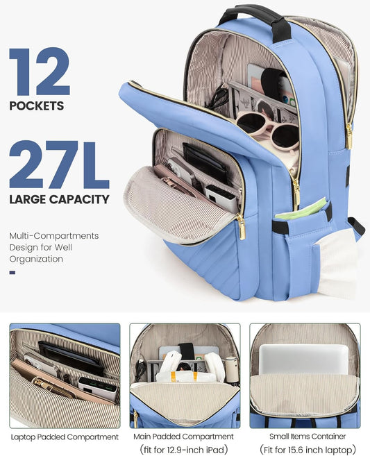 LOVEVOOK Laptop Backpack Purse for Women, Work Business Travel Computer Bags, College Nurse Backpack for Womens, Quilted Casual Daypack with USB Port, Fit 15.6 Inch Laptop, Blue