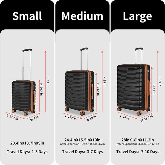 Lightweight Luggage with Spinner Wheels & YKK Zipper, 3-Piece Suitcase ABS+PC Hardside Hard Shell Luggage Set with TSA Lock, Black & Brown (20+24+28 inch)