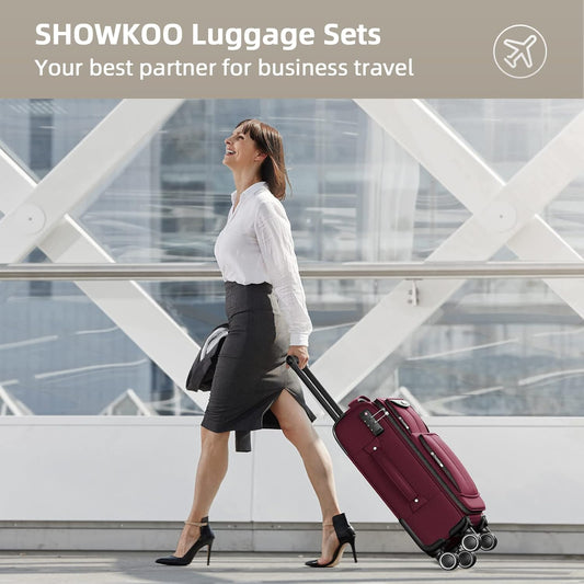 SHOWKOO Luggage Sets 3 Piece Softside Expandable Lightweight Durable Suitcase Sets Double Spinner Wheels TSA Lock Wine Red (20in/24in/28in)