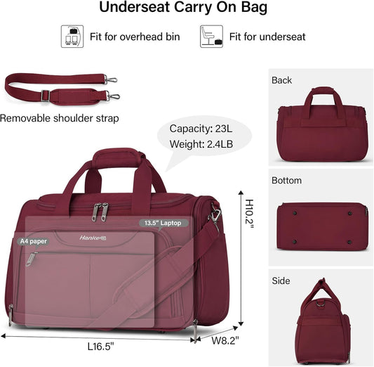 Hanke Underseat Carry On luggage Bags for Travel, Foldable Travel Bags for Women, Soft Lightweight Personal Item Travel Bag Small Carry On Bags for Airplanes, Travel Tote Bags for Women Men.(Burgundy)