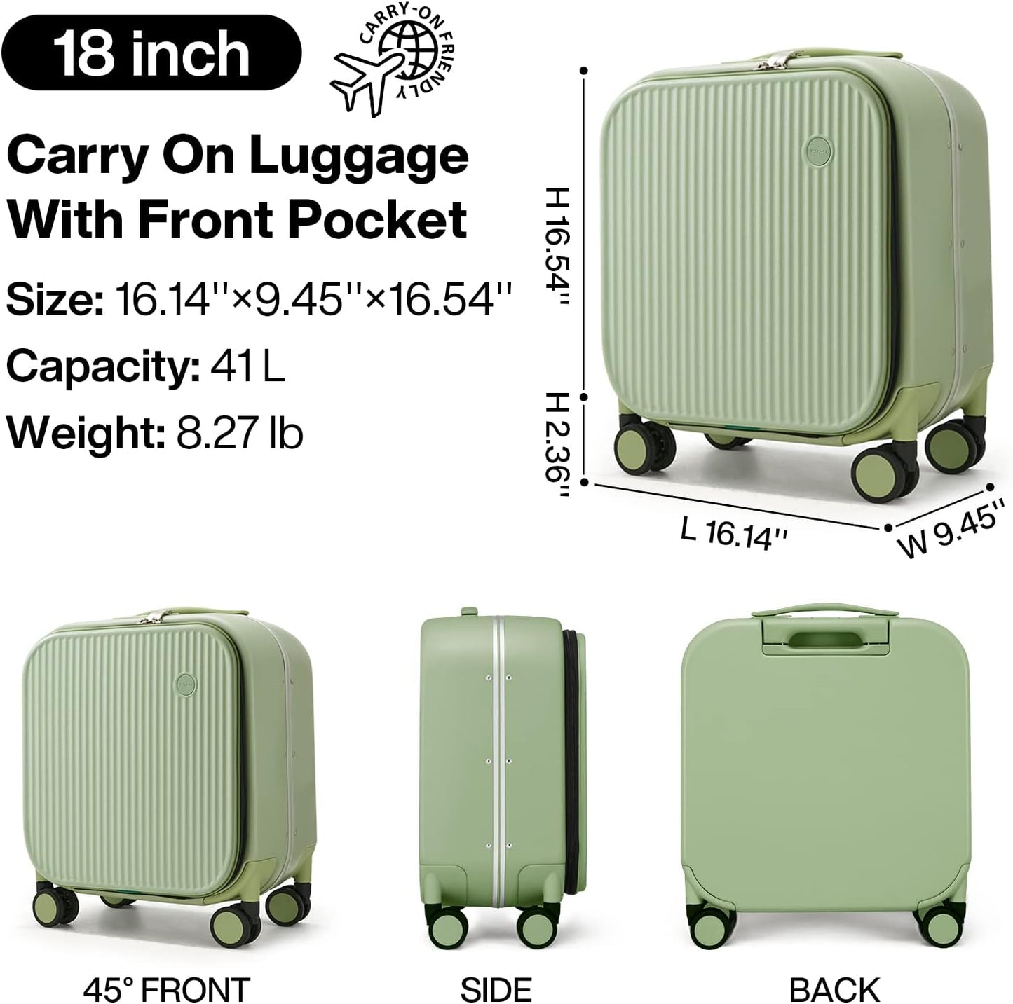 mixi Carry On Luggage, 18'' Suitcases with Spinner Wheels, Rolling Travel Suitcase with Front Laptop Pocket Luggage Aluminum Frame PC Hardside with TSA Lock and Cover, Avocado Green