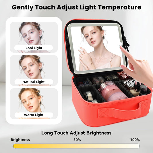 Travel Makeup Bag with LED Mirror and Light Travel Makeup Case Cosmetic Organizer Portable Cosmetic Brush Organizer Bag with Adjustable Dividers for Cosmetics Makeup Brushes Toiletry (Red)
