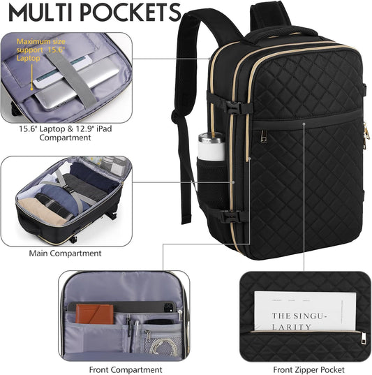 MOMUVO Travel Backpack for Women, Carry On Backpack Airline Approved with 3 Packing Cubes, 15.6 Inch Laptop Backpack with USB Charging Port, Casual Daypack for Weekender Business College, Black