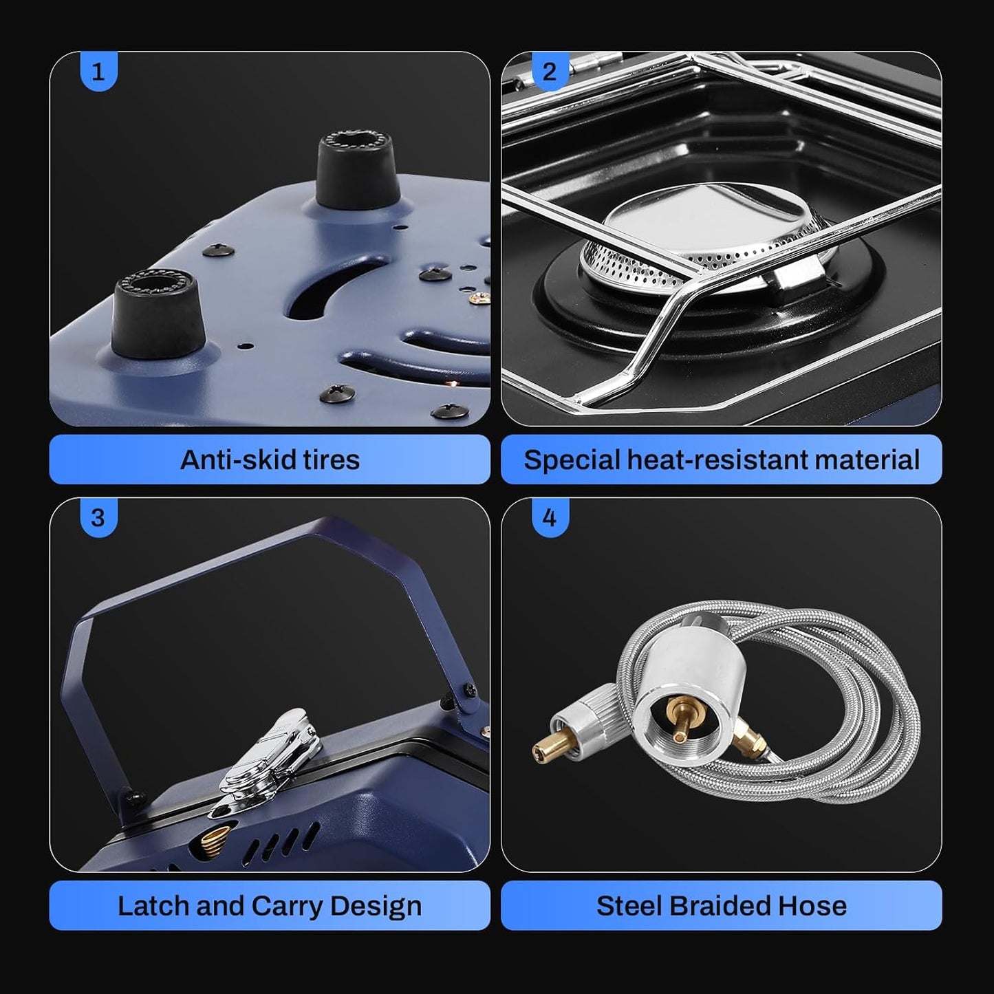 2-Burner Foldable Camping Stove with Griddle and Carrying Bag,16000 BTU Portable Propane Camp Stove with 2 Adjustable Burners & Piezo Ignition, for Camping, Home Backyard, Frying Turkey, Blue