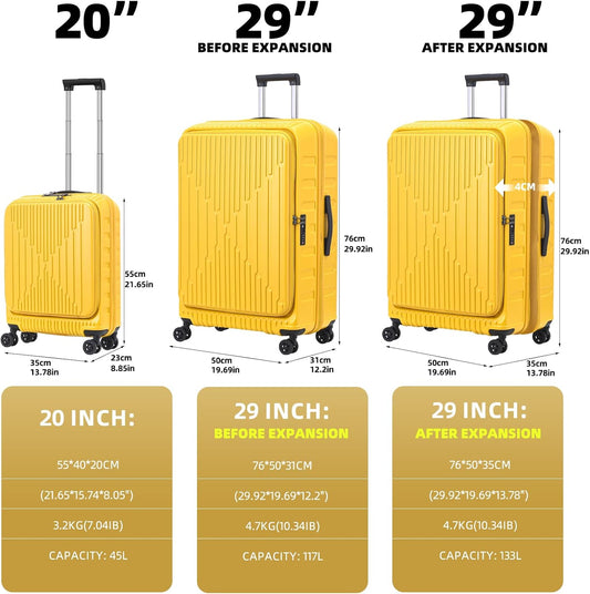 2 Pieces 20/29 Luggage Sets, 20 Inch Cabin Luggage with Front Pocket & 29 Inch Side Opening Suitcase, Ligthweight ABS+PC Hardshell, TSA Lock with HINOMOTO 360° Wheels, Yellow