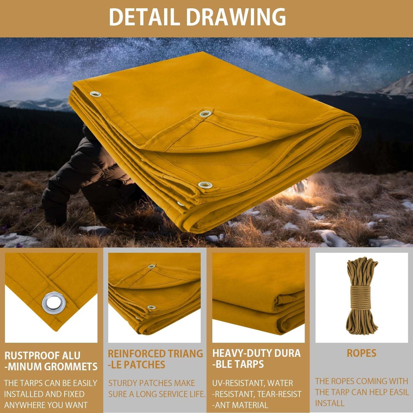 FoundGo 8x12ft Canvas Tarp 22 Mil Tarps 14 oz Canvas Tarpaulin Heavy Duty Cloth Water/UV Resistant Cover with Rustproof Grommets & Ropes for Cars,Roofs,Boats,Camps,Sunshades,Moisture Barrier -Tan