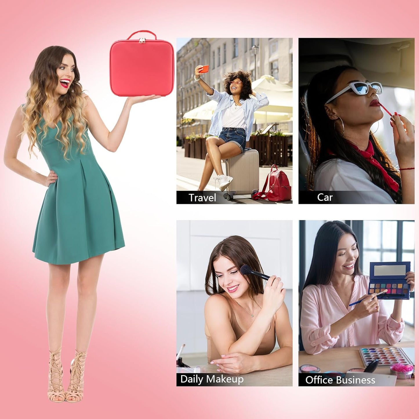 Travel Makeup Bag with LED Mirror Travel Makeup Organizer with 3 Lighted Settings, Adjustable Dividers and Makeup Brush Storage Bag Light Red