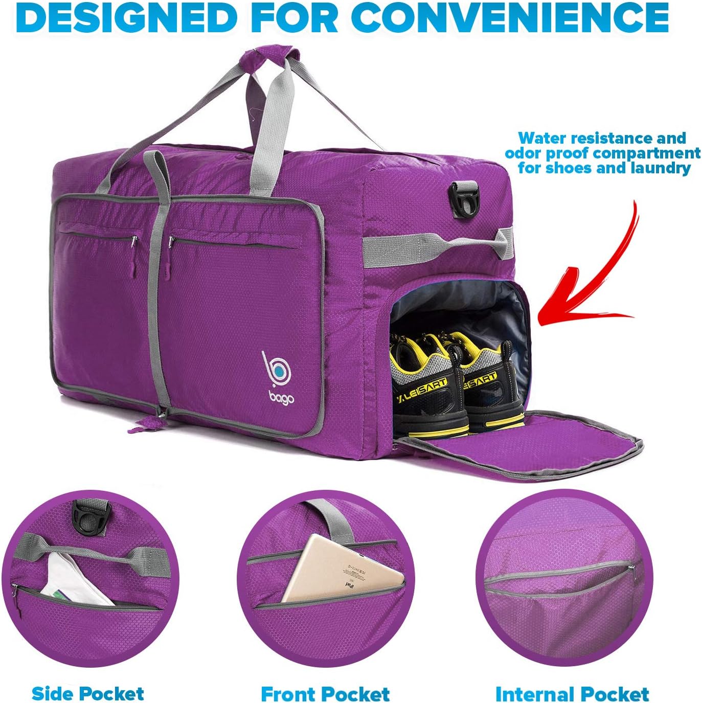 Bago Large Foldable Duffel Bags for Traveling Women & Men - 100L Packable Duffle Bag for Travel with Shoe Compartment - Water Repellant, Heavy Duty, Lightweight Folding & Collapsible (Purple)
