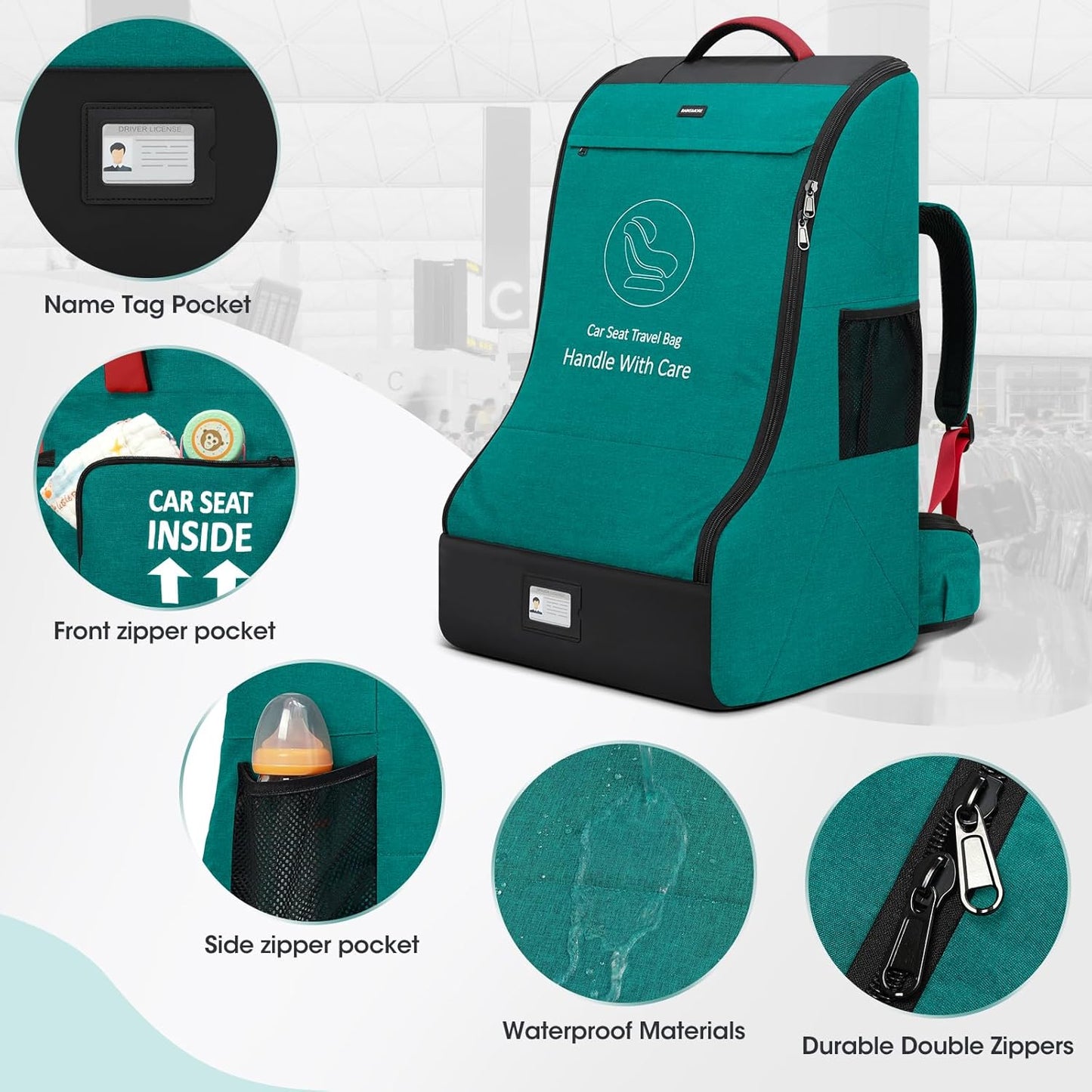 RAINSMORE Padded Car Seat Travel Bag for Airplane Heavy Duty Car Seat Backpack for Air Travel Baby Carseat Cover Bags for Airport Large Car Seats Carrier Fits Car Seats & Booster Seats, Green