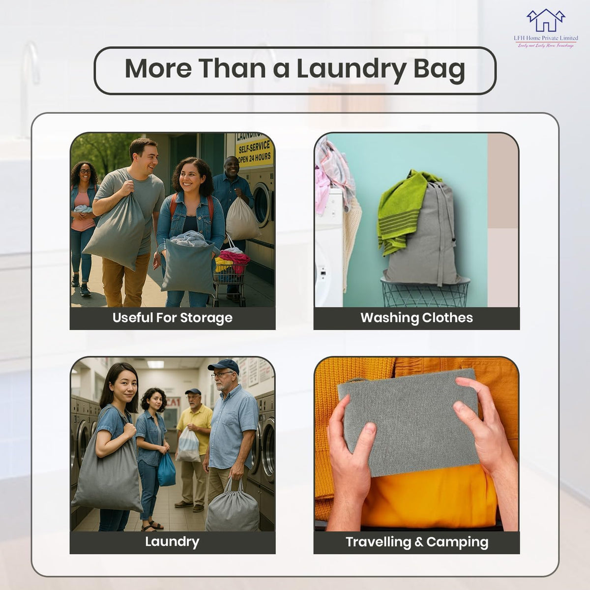 LFH Home Cotton Canvas Large Laundry Bag with Handle, Heavy Duty Drawstring Closure Washable Laundry Bags, School Travel, Home, Hotel, College Dorm, Organizer Sack, Toys Clothes 28x40 (Pack of 4)-Grey