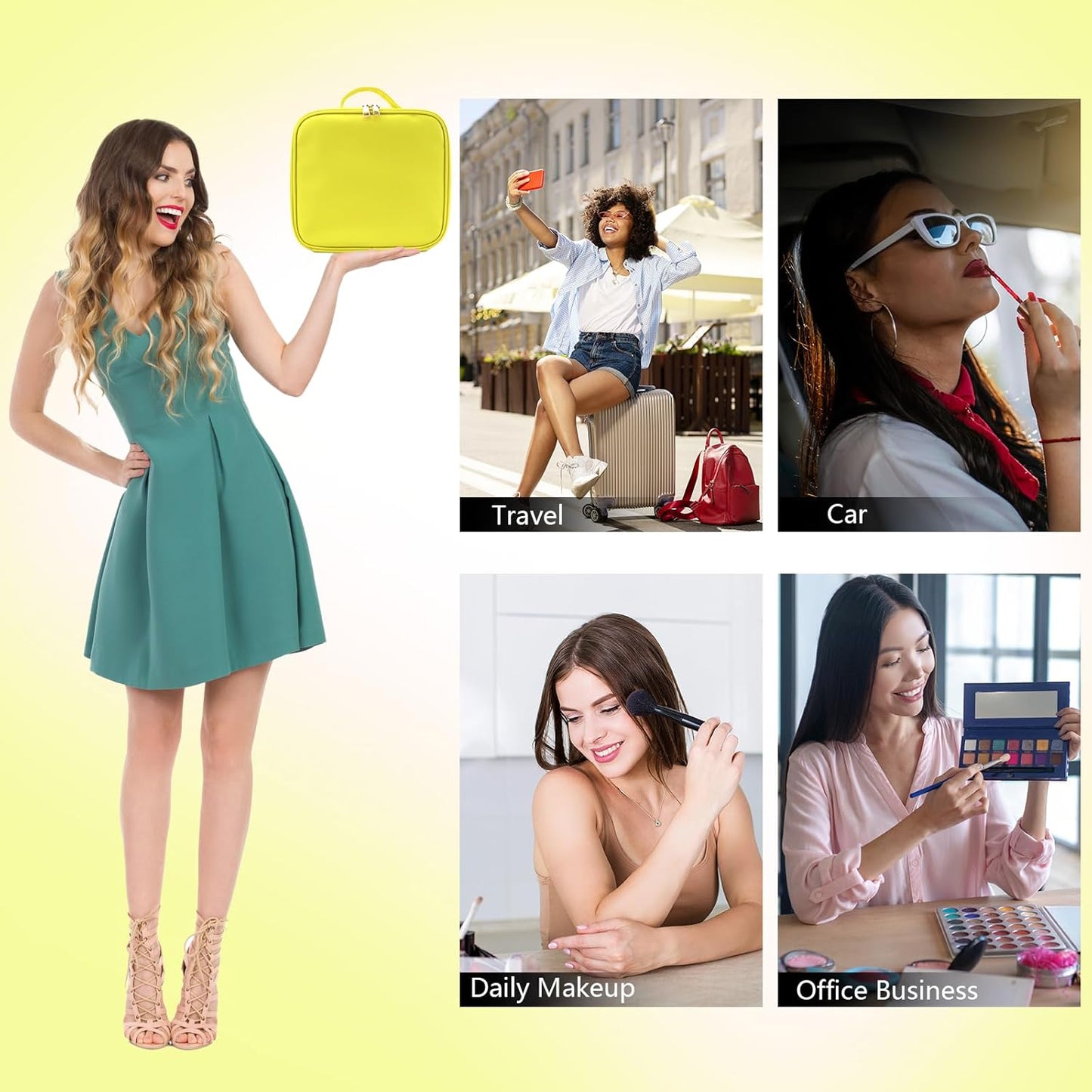 Travel Makeup Bag with LED Mirror Travel Makeup Organizer with 3 Lighted Settings, Adjustable Dividers and Makeup Brush Storage Bag Yellow