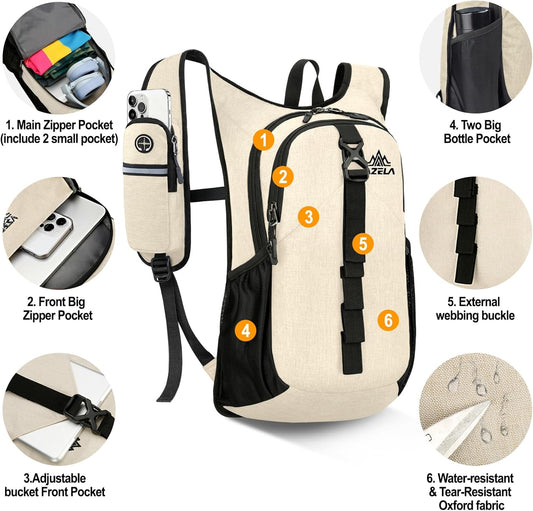 Seektop 15L Small Hiking Backpack for Women Men, Foldable Packable Backpack with Phone Pocket, Lightweight Travel Daypack for Hiking Camping Outdoor (Beige)