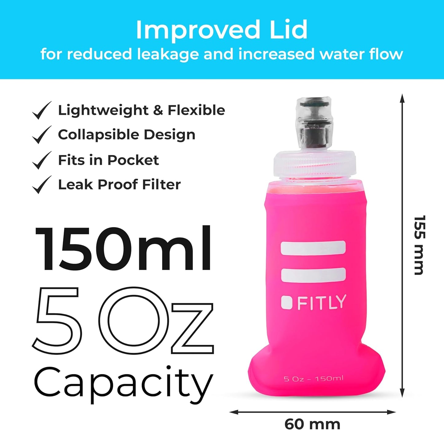 FITLY Soft Flask - Shrink As You Drink Soft Water Bottle for Hydration Pack - Folding Water Bottle Ideal for Running, Hiking, Cycling, Climbing & Rigorous Activity