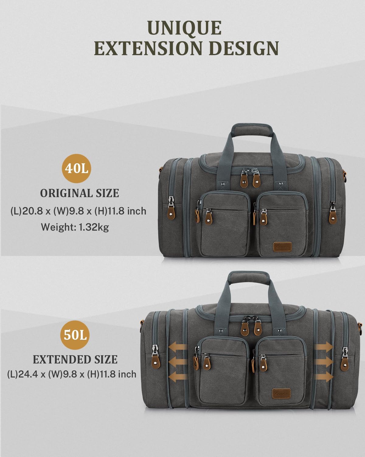 Gonex Canvas Duffle Bag for Travel, Expandable Water Resistant 50L Carry on Duffel Overnight Weekender Gym Bag with Wet Dry Separation Pocket & Suitcase Handle Sleeve, Grey