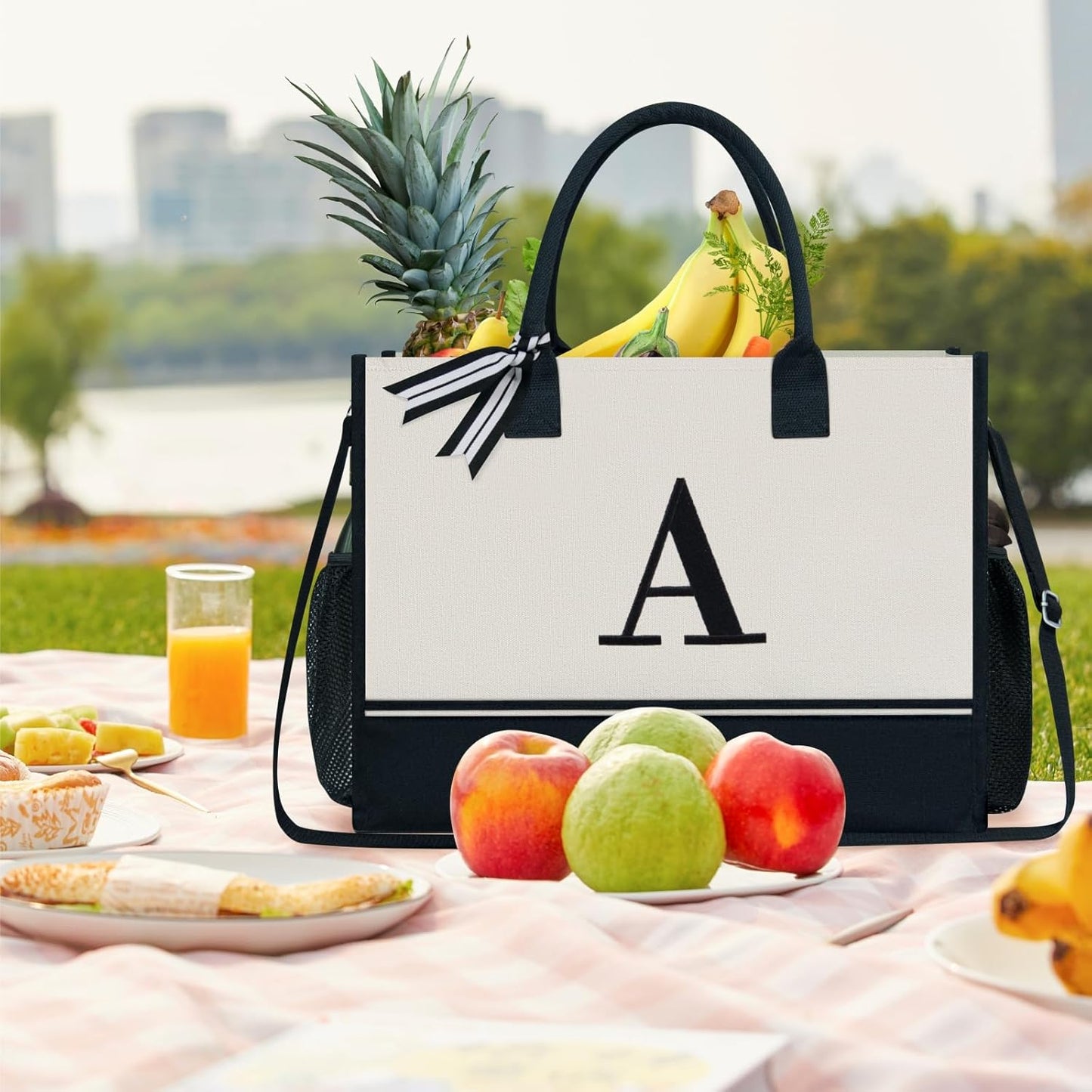 TOPDesign Personalized Initial Canvas Tote Bag, for Wedding, Birthday, Beach, Perfect Gifts for Women, Mom, Teachers, Friends