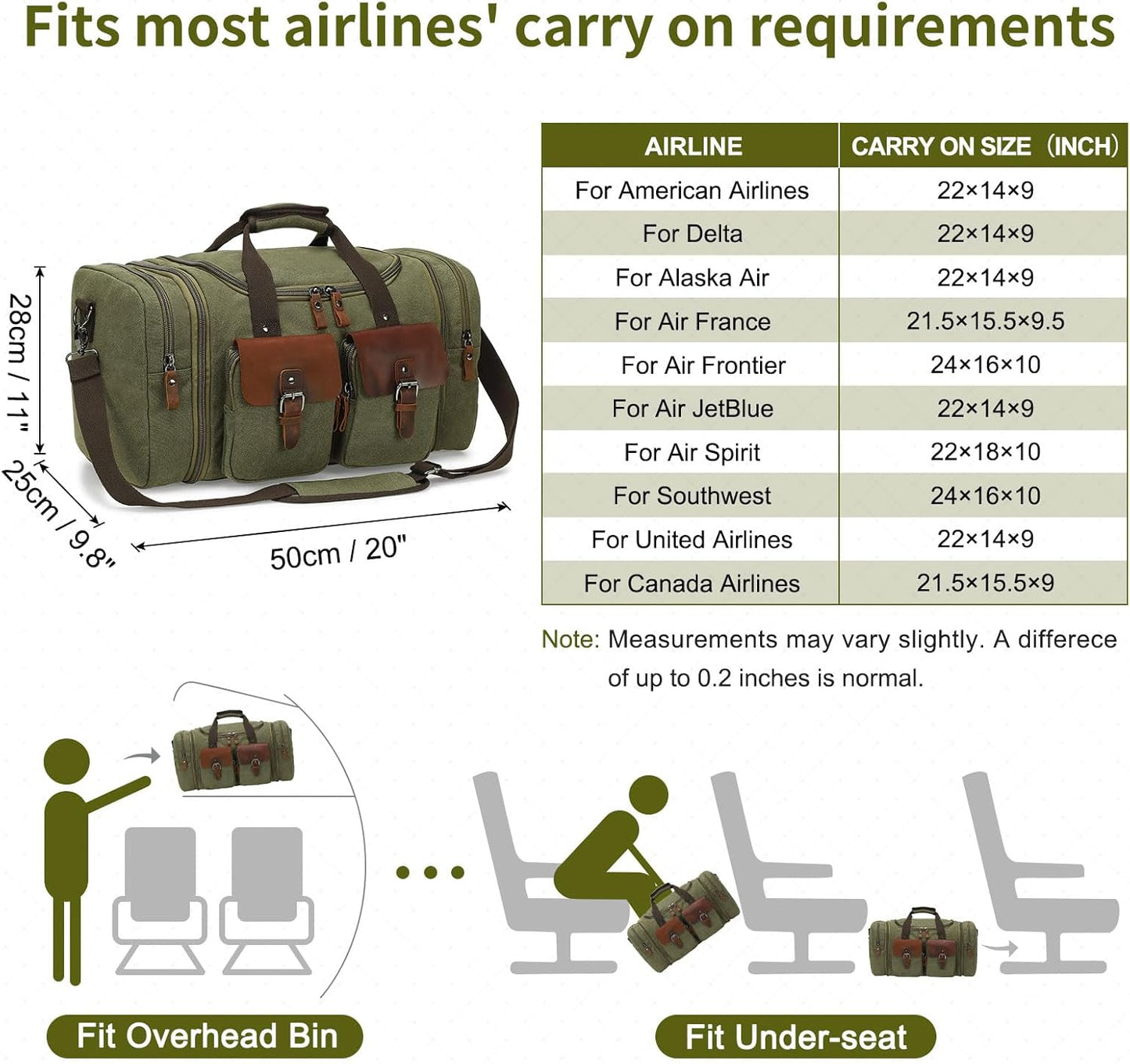 Canvas Duffle Bag with Genuine Leather Accents, Expandable 20-23 Inch Travel Weekender, Multiple Pockets, Green