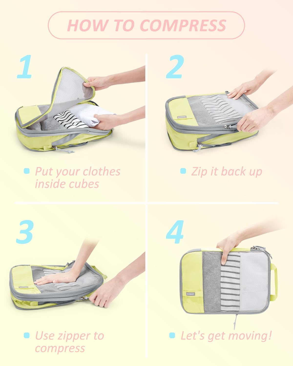 BAGSMART 6 Set Compression Packing Cubes - Lightweight Travel Essentials, Durable Luggage Organizer