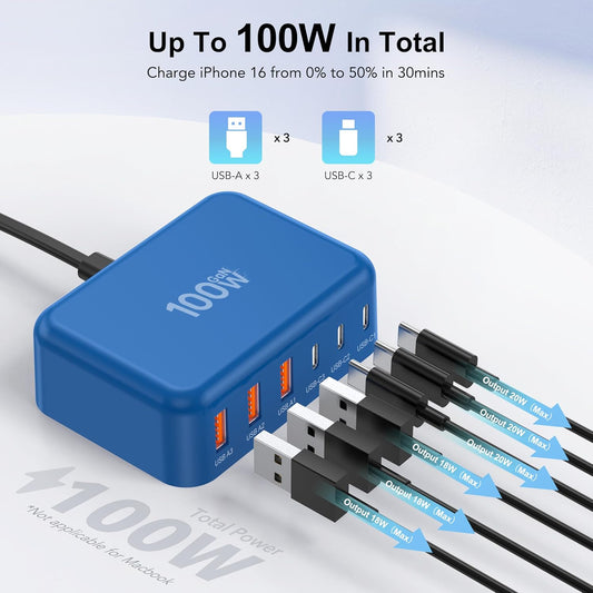 USB C Fast Charger, 100W GaN 6 Port Type C Charging Station Hub Block Cube, USB C Wall Charger Power Strip Adapter Plug for iPad iPhone 17 16 15 14 13 12 Pro Max Pixel Note Galaxy, 5ft Cord