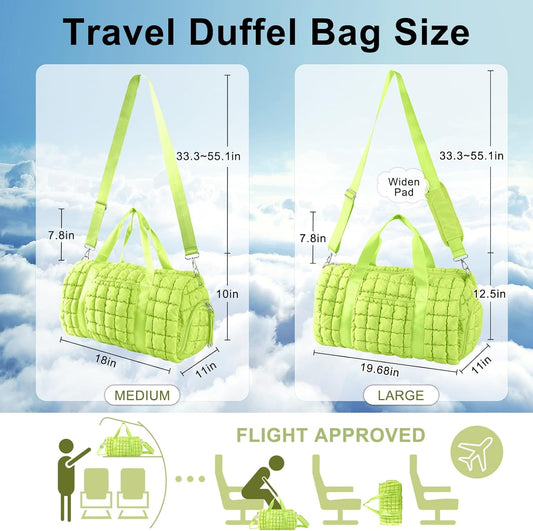 Quilted Travel Duffle Bag Gym Bag for Women,Large Puffer Duffle Weekender Bag with Compartment,Workout Overnight Carry on Organizer Bag Duffle Bag for Airplane Travel(L-Green)