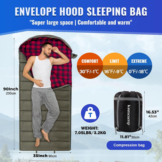0 Degree Sleeping Bag Cotton Flannel Winter Cold Weather for Adults XXL Sleeping Bag 4 Season Big and Tall with Pillow Compression Sack