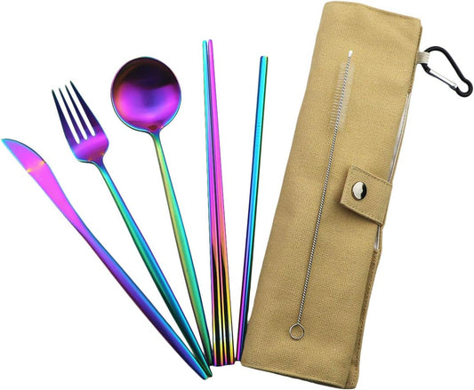 Gugrida Luxury Rainbow Matte Portable 18/10 Stainless Steel Travel Flatware Sets of 7 Portable Camping Cutlery Set, Healthy & Eco-Friendly Flatware Set with Carrying Case for Travel or Camping