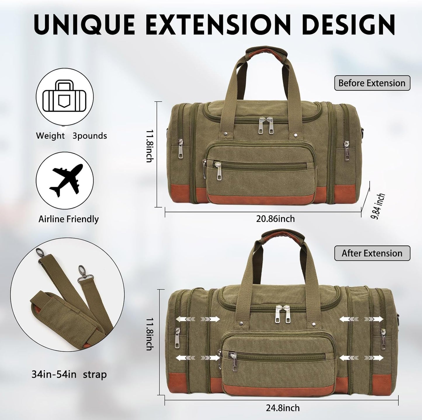 Men'S Duffle Bag For Travel, Expandable Canvas Duffel Bags Overnight Weekend Gym Carry On Luggage Bag For Men(Green)