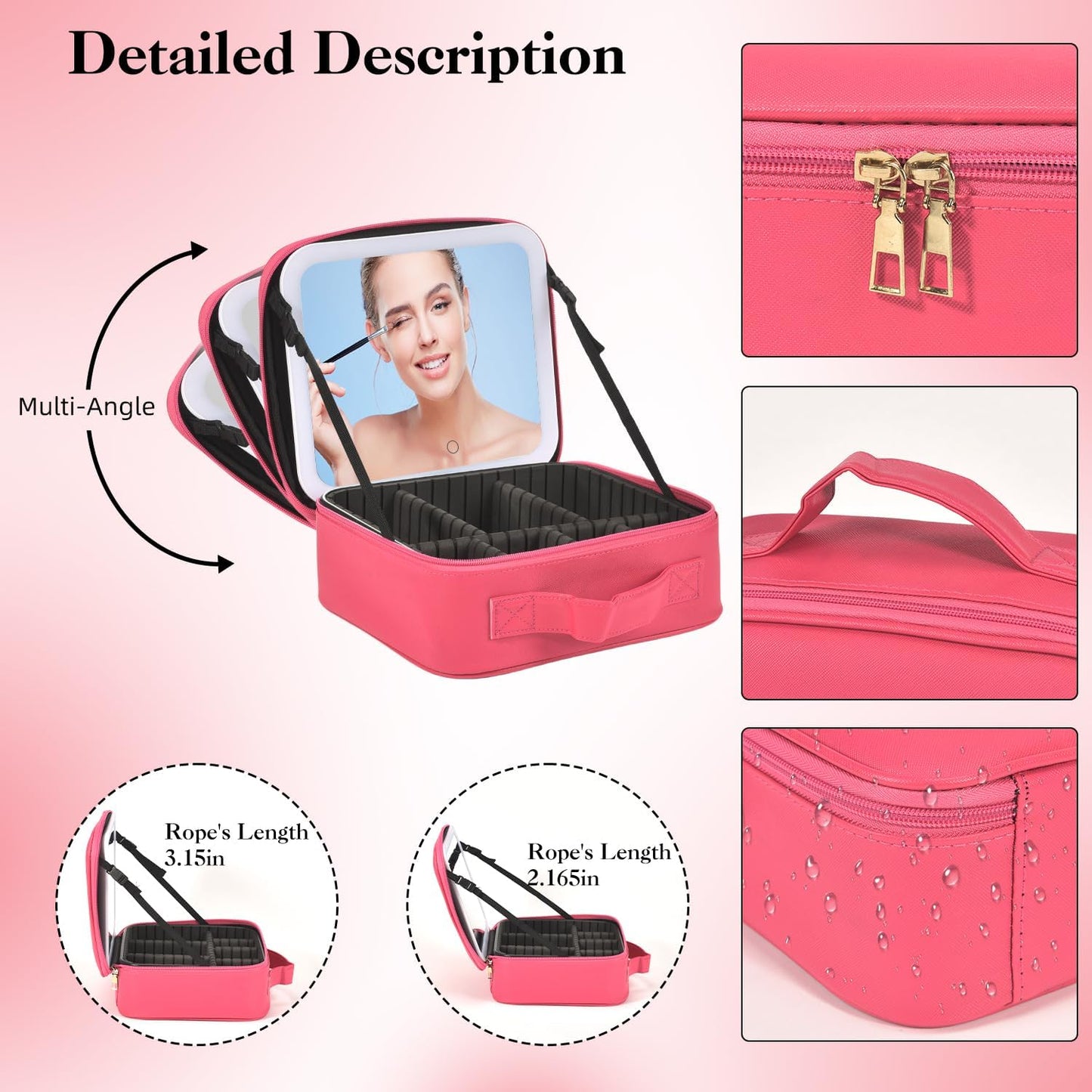 Travel Makeup Bag With LED Mirror,Cosmetic Train Case with 3 Color Setting,Cosmetic Makeup Organizer Bag with Adjustable Dividers,Portable Make up Box with Make up Brushes Holder Storage(Rose)