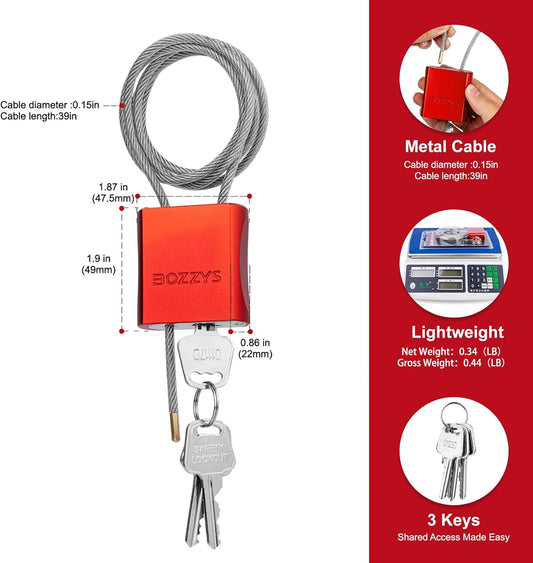 Adjustable Cable Locks with 3 Keys | 3.28ft L x 1/6in D Aluminum Steel Cable Padlock for Bikes, Gate, Lockers & Outdoor Gear | Keyed Different & Red