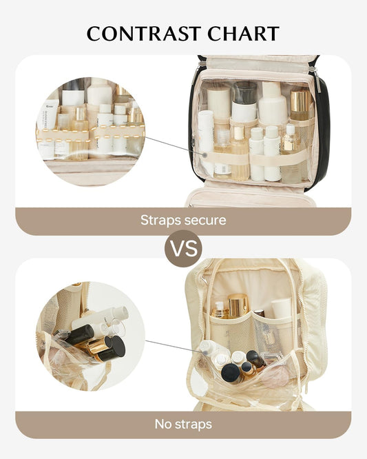 EACHY Toiletry Bag with Hanging Hook, Travel Makeup Bag PU Leather Cosmetic Bags for Women Make Up Organizer with 4 Compartments Waterproof Full-Size Portable Travel Essentials (Black,Pro)