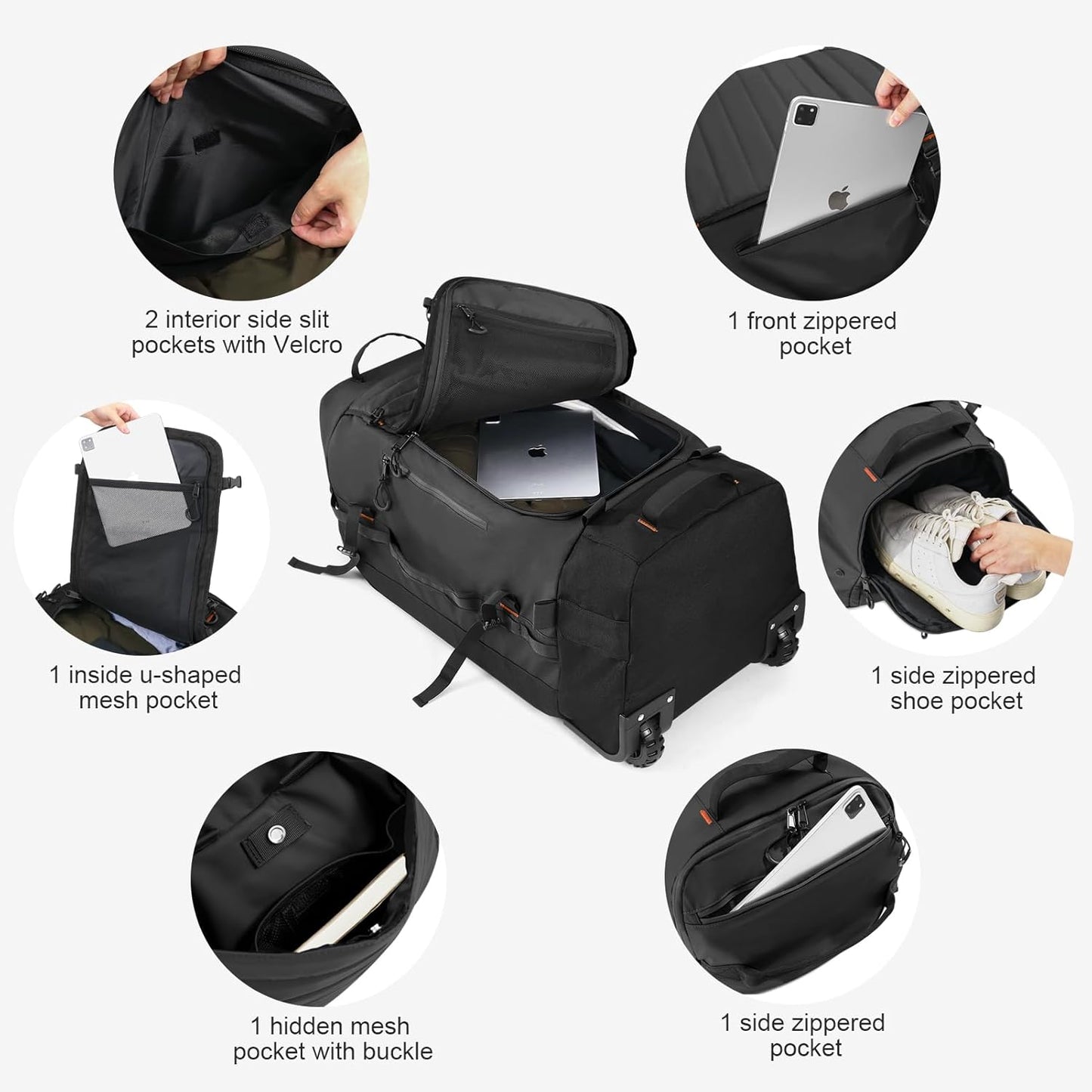 Vomgomfom 86L Collapsible Wheeled Luggage with Removable Backpack Straps,Waterproof Rolling Duffle Bag with Quilted Base,No Telescope Handle,Black