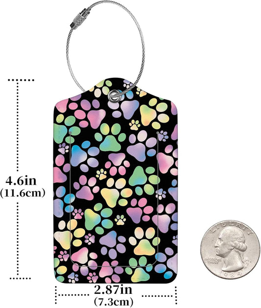 2 Pcs Luggage Tags for Suitcase, Cute Unique PU Leather Travel Bag Tag with Privacy Cover ID Label Address Card and Durable Metal Ring Suitable for Men Women Children Backpack,Colorful Dog Paw Prints
