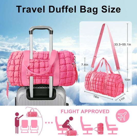 Quilted Travel Duffle Bag Gym Bag for Women,Large Puffer Duffle Weekender Bag with Compartment,Workout Overnight Carry on Organizer Bag Duffle Bag for Airplane Travel(Pink)