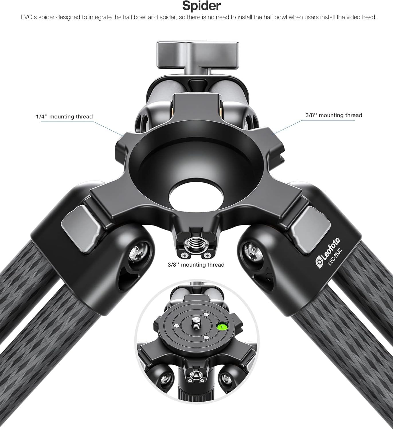 Leofoto LVC-253C+BV-15 King Kong Series Carbon Fiber Dual Leg Video Tripod w Fluid Head & Middle Spreader
