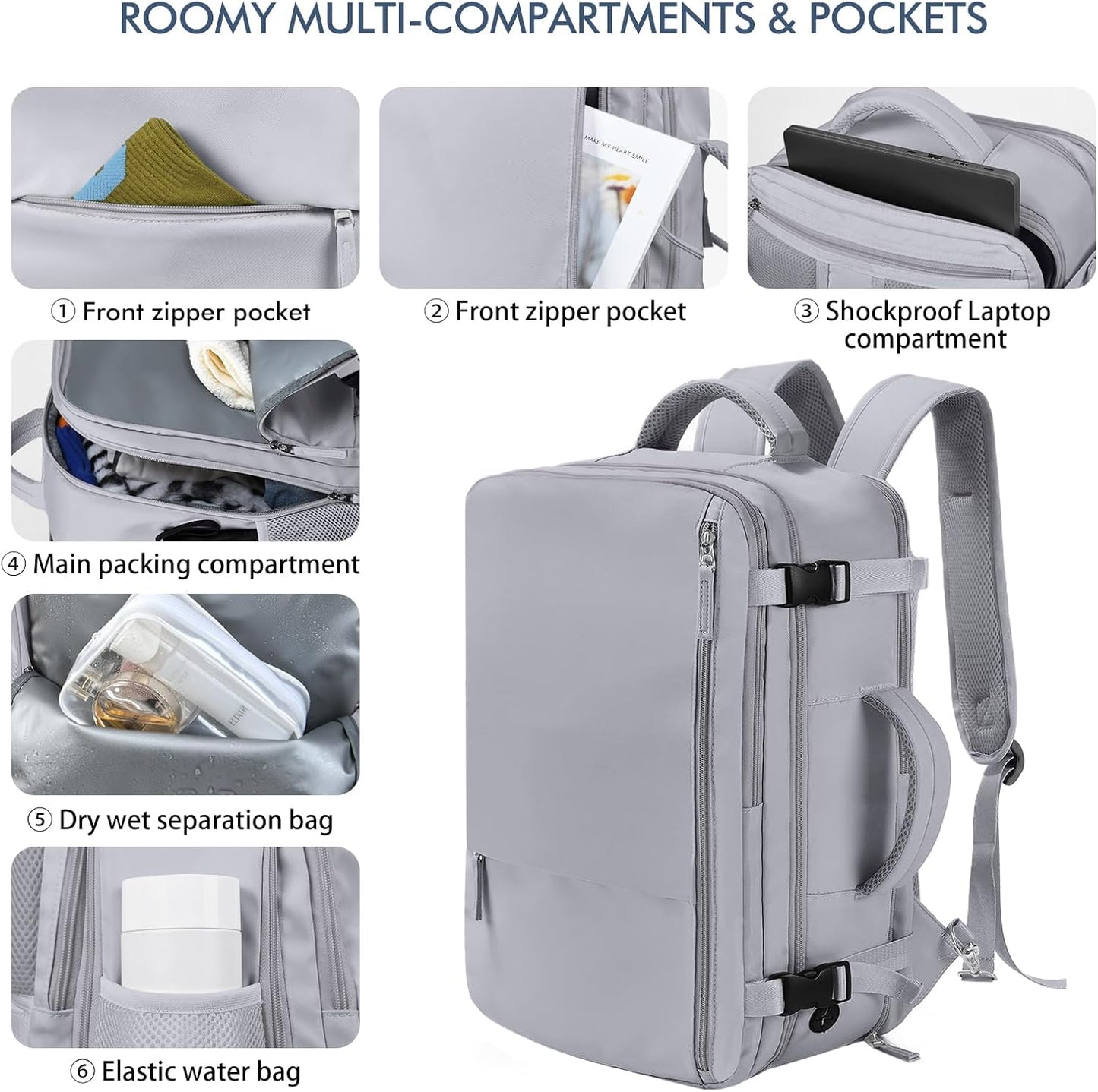 Beraliy Large Travel Backpack, Ailrline Approved Personal Item Bag, 17.3 Inch Laptop Backpack, 40L Carry On Travel Bag, Hiking Backpack, Casual Backpack, Dark Grey