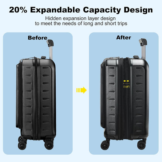 Expandable Carry On Luggage Airline Approved, 20 Inch Lightweight ABS+PC Hard Shell Suitcases with Front Pocket, Spinner Wheels, TSA Lock (Black, 1PC)