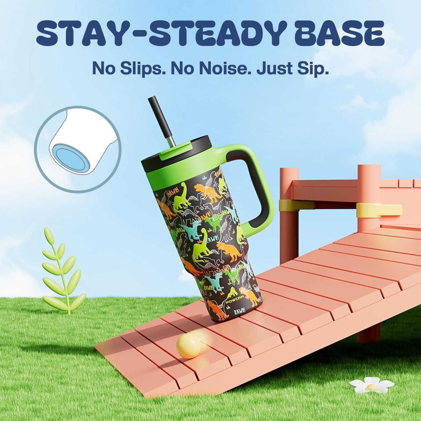 24 oz Kids Tumbler with Straw for Boys: Leakproof, Cold for 26 Hrs, Hot for 10 Hrs, Durable Handle, Insulated Stainless Steel Cup for Daycare, School, Classroom, Playtime, Birthday, Gift (Dino Rawr)