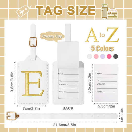 Personalized Initial Luggage Tags for Suitcase TSA Approved, White Leather Cute Luggage Tag with Privacy Cover Name Card, Embroidered Custom Luggage Tags Travel Baggage Tags Gifts for Women Kids(E)