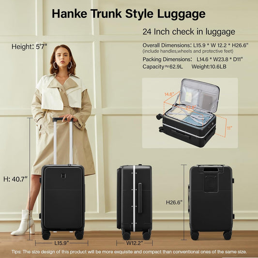 Hanke 24 Inch Luggage with Cup Holder and Charge,Top Opening Hard Shell Suitcases with Wheels and Dividers,Aluminum Frame Trunk Luggage Medium Checked Suitcase with Lock for Travel,Jet Black