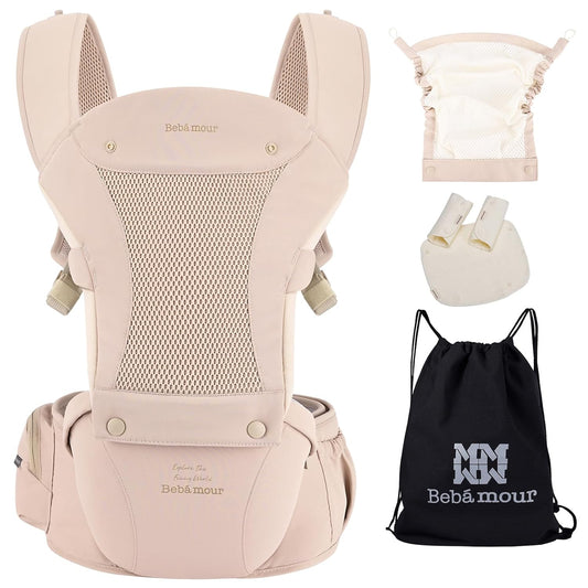 Bebamour Baby Carrier with Hip Seat,All-Position Breathable Mesh Hip Seat & Carrier 0-36Months with Head Hood, 3 PCS Teething Pads, Waist Extender,Storage Bag & Pacifier Case (Pink)