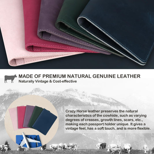 Real Leather Passport Holder for Women Men Travel, Handmade Passport Wallet, Passport Cover Case, Travel Must Haves Travel Essentials Accessories Birthday Gifts (Crazy Horse, Rose Red)