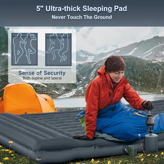 Double Sleeping Pad Camping, Self Inflating 6'' Extra-Thick 2 Person Pillow Built-in Foot Pump Waterproof Inflatable Sleeping Mat Backpacking, Tent, Hiking, Portable Camping Pad (Light Gray)