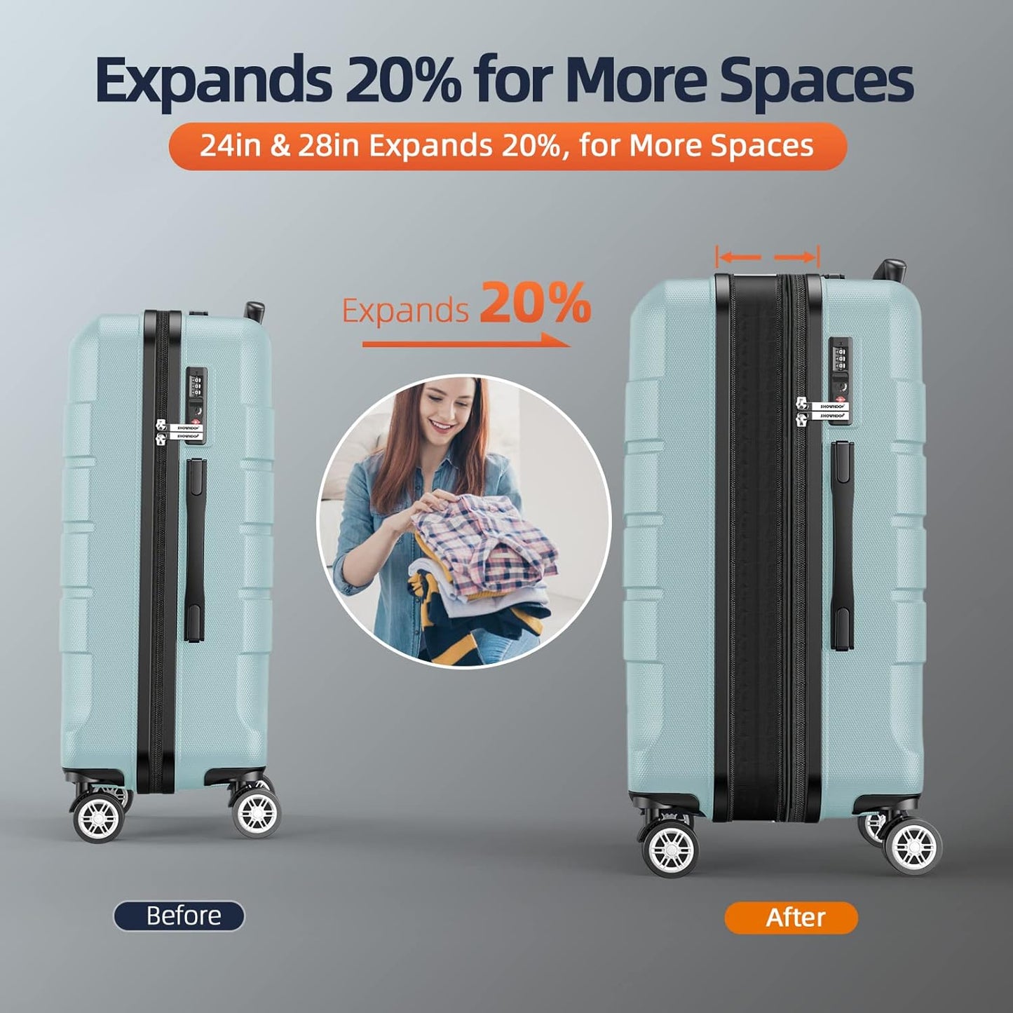 SHOWKOO Luggage Sets Expandable PC+ABS Durable Suitcase Double Wheels TSA Lock 5pcs Mint Green