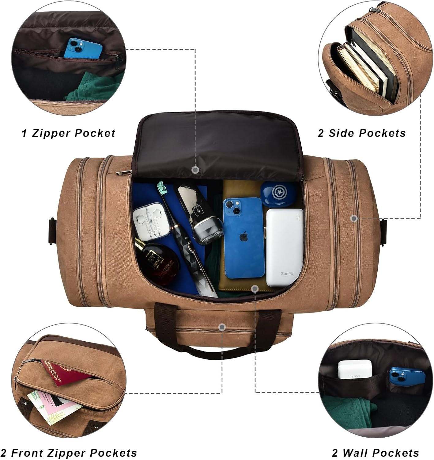 Litvyak Duffle Bag for Travel, 50L Canvas Travel Duffel Bags Overnight Weekend Gym Carry On Luggage Bag for Men & Women(Coffee)