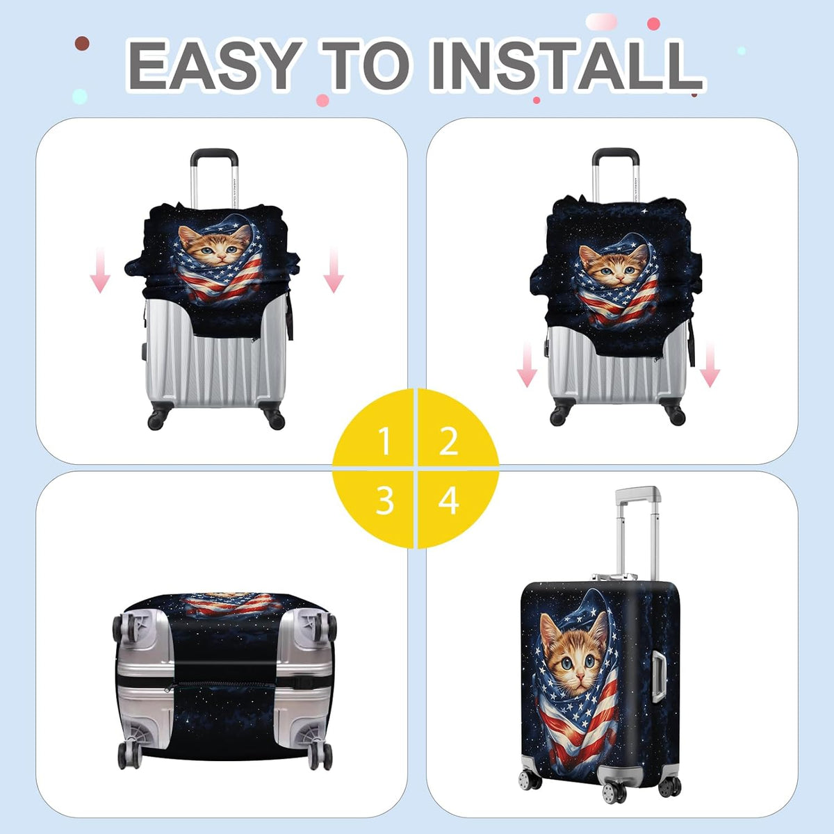 ANNA QUEEN Cute Patriotic Cat Luggage Cover, American Flag Suitcase Protector, Stretchable, Washable Travel Cover for 28-30 Inch Luggage