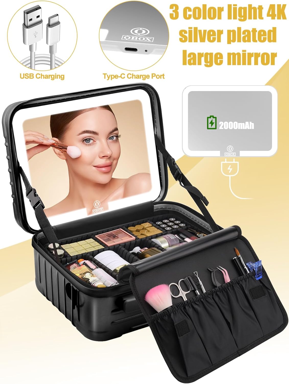 Kalolary Travel Makeup Train Cases,Makeup Bag with 3 Color Lighted Mirror Cosmetic Case Organizer Bag with Adjustable Dividers & Shoulder Strap 3 Layer Portable Makeup Storage Box for Women,Black