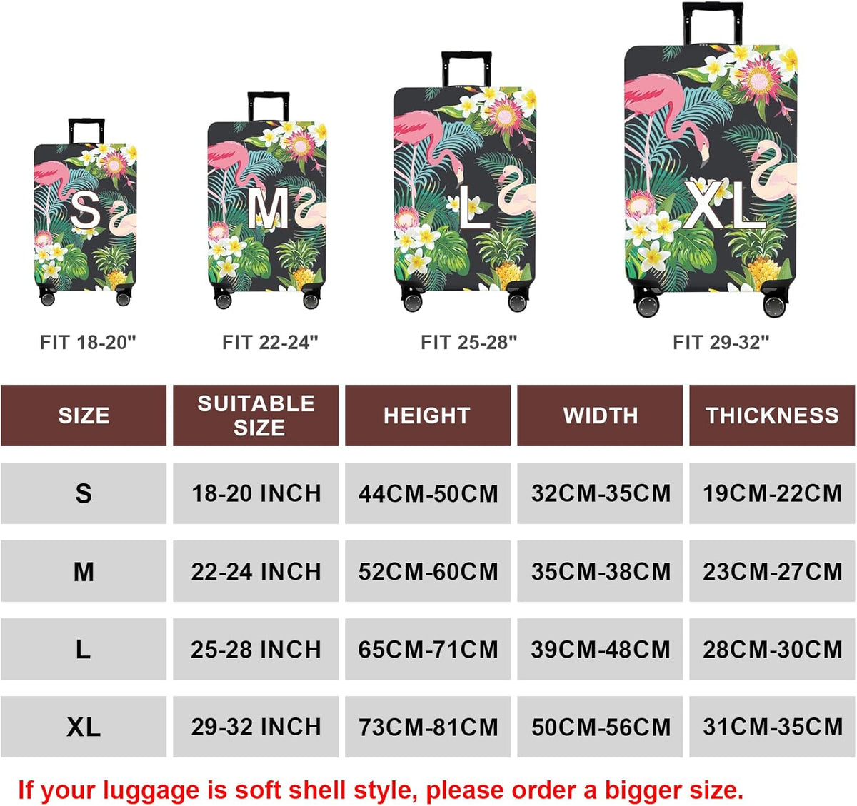 WUJIAONIAO Travel Luggage Cover Baggage Suitcase Cover Protector Skins 18-32 Inch (Flower flamingo, M (for 22-24 inch luggage))